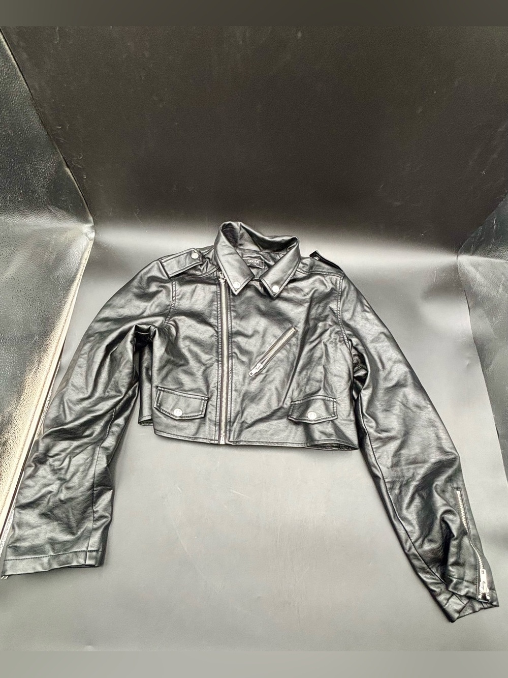 Chocolate USA Cropped Black Faux Leather Moto Jacket - Size L